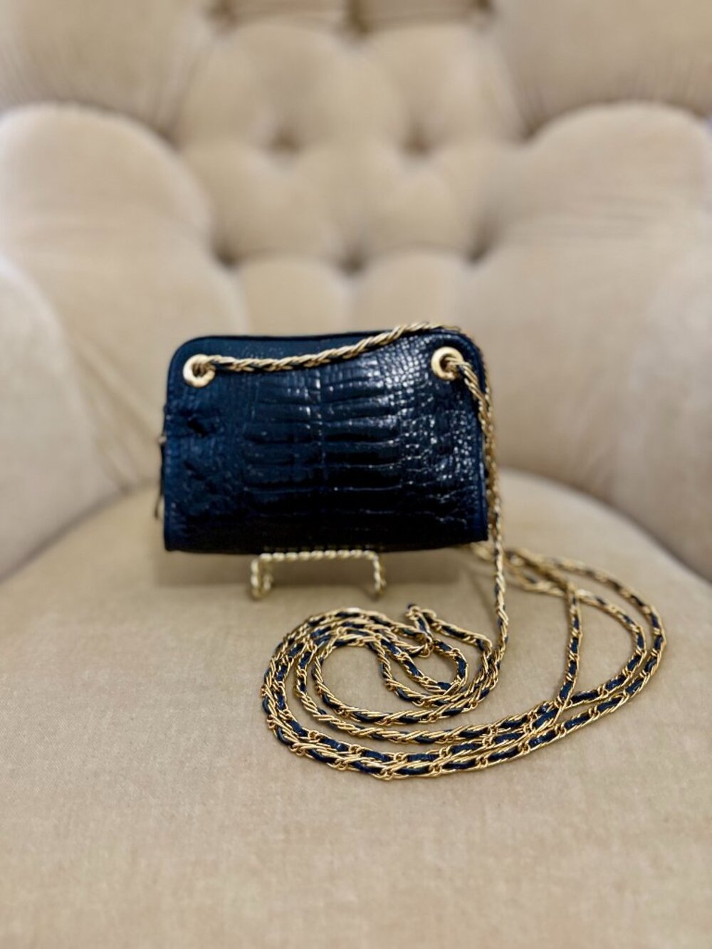 VTG Auth LUC BENOIT Genuine Crocodile Midnight Blue Minaudiere Crossbody Bag